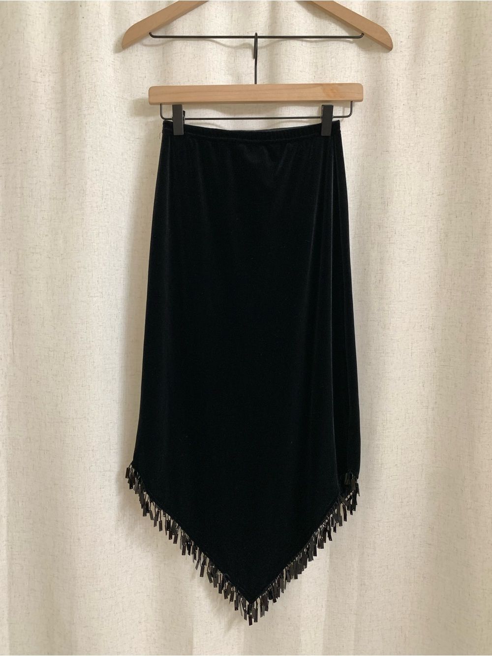 Gunne Sax Jessica McClintock Black Velvet Midi Skirt Fringe Handkerchief Hem USA